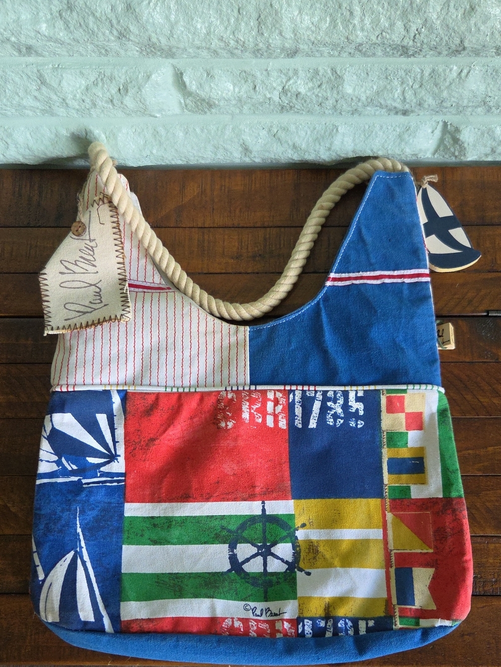 Nwt Paul Brent Colorblock Nautical Rope-Handle Shoulder Bag Swim Ocean Lake